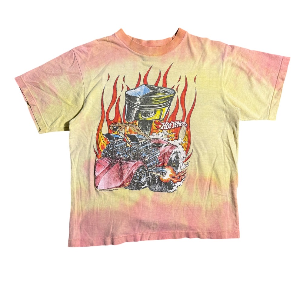 Vintage 1999 Hot Wheels Tie Dye Graphic T-Shirt Orange Racing Car Youth XL